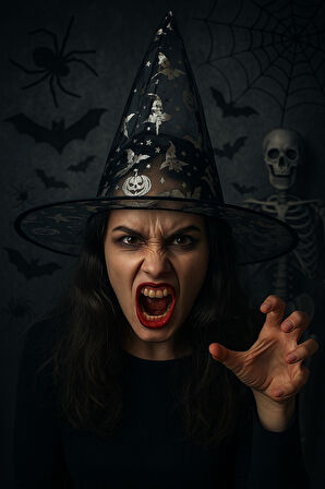 Cadılar Bayramı Şeffaf Tül Cadı Şapkası Gümüş Renkli Balkabağı Desenli Halloween Kostüm Aksesuarı