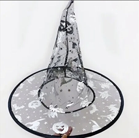 Cadılar Bayramı Şeffaf Tül Cadı Şapkası Gümüş Renkli Balkabağı Desenli Halloween Kostüm Aksesuarı