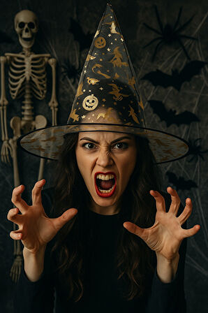 Cadılar Bayramı Şeffaf Tül Cadı Şapkası Altın Renkli Balkabağı Desenli Halloween Kostüm Aksesuarı