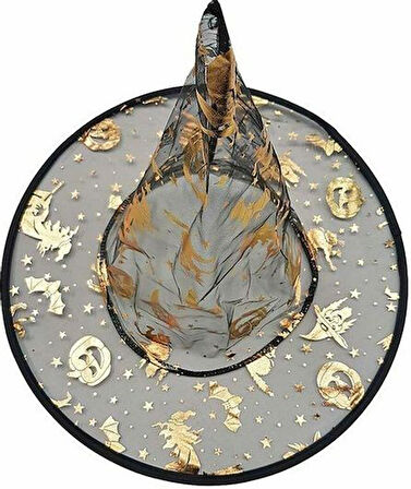 Cadılar Bayramı Şeffaf Tül Cadı Şapkası Altın Renkli Balkabağı Desenli Halloween Kostüm Aksesuarı