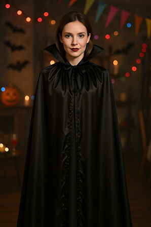 Cadılar Bayramı Siyah YakalI Pelerin 120 Cm Kostüm Parti Aksesuarı