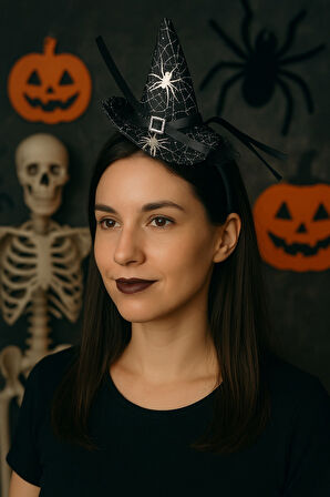 Cadı Şapkalı Halloween Parti Tacı Tüllü Siyah Cadılar Bayramı Aksesuarı