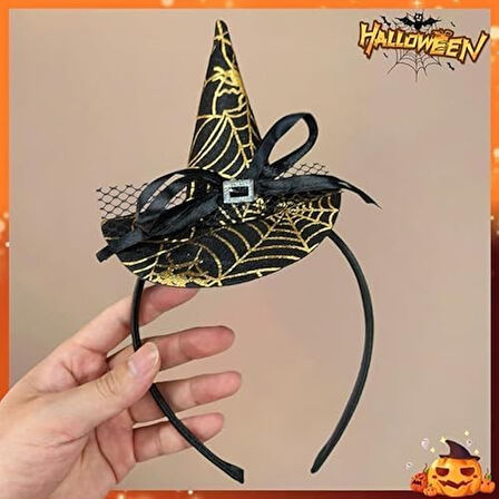 Cadı Şapkalı Halloween Parti Tacı Tüllü Sarı Altın Renk Cadılar Bayramı Aksesuarı