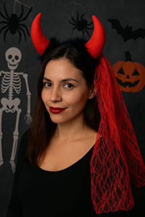 Cadılar Bayramı Kırmızı Şeytan Boynuzlu Duvaklı Taç Halloween Parti Aksesuarı