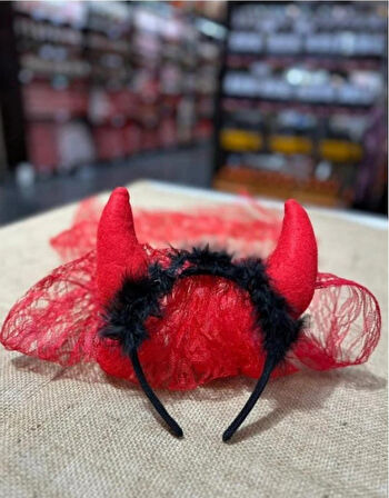 Cadılar Bayramı Kırmızı Şeytan Boynuzlu Duvaklı Taç Halloween Parti Aksesuarı