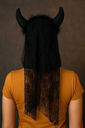 Cadılar Bayramı Siyah Şeytan Boynuzlu Duvaklı Taç Halloween Parti Aksesuarı