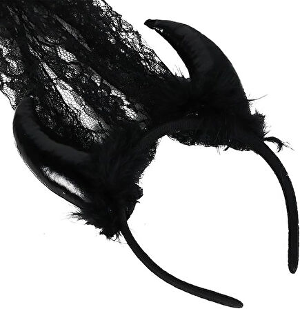 Cadılar Bayramı Siyah Şeytan Boynuzlu Duvaklı Taç Halloween Parti Aksesuarı