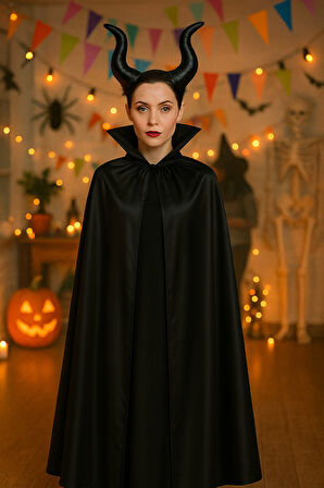 Cadılar Bayramı Malefis Maleficent Boynuzlu Taç 120 Cm Yakalı Pelerin Halloween Kostüm Seti