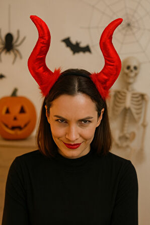 Cadılar Bayramı Kırmızı Boynuzlu Taç ve 120 Cm Siyah Yakalı Pelerin Şeytan Halloween Kostüm Seti