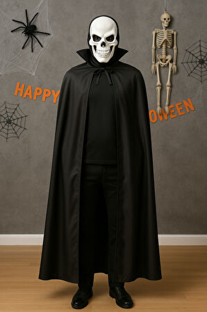 Cadılar Bayramı Halloween Siyah Yakalı 120 cm Pelerin + Kafatası Kurukafa Maske Kostüm Seti