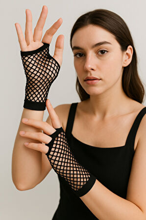 Siyah File Örgü Parti Eldiveni Kısa Model Kostüm Aksesuar 11 Cm