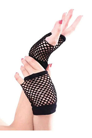 Siyah File Örgü Parti Eldiveni Kısa Model Kostüm Aksesuar 11 Cm