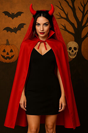 Kız Çocuk Şeytan Kostüm Seti (Kırmızı Yakalı Pelerin + Dantelli Boynuzlu Taç) – Cadılar Bayramı Kostümü