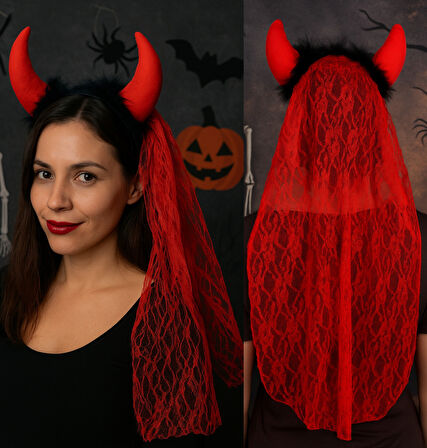 Kız Çocuk Şeytan Kostüm Seti (Kırmızı Yakalı Pelerin + Dantelli Boynuzlu Taç) – Cadılar Bayramı Kostümü