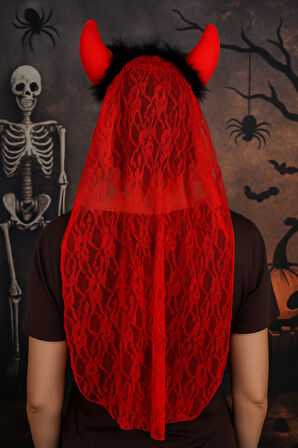 Kız Çocuk Şeytan Kostüm Seti (Kırmızı Yakalı Pelerin + Dantelli Boynuzlu Taç) – Cadılar Bayramı Kostümü