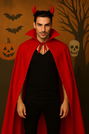 Cadılar Bayramı Kostümü Erkek Çocuk  | Yakalı Kırmızı Şeytan Pelerini + Küçük Boynuzlu Taç | 120 cm