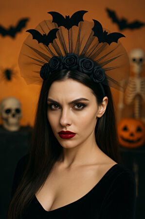 Cadılar Bayramı Siyah Gül ve Yarasa Tüllü Taç – Gotik Kostüm Aksesuarı