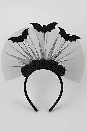 Cadılar Bayramı Siyah Gül ve Yarasa Tüllü Taç – Gotik Kostüm Aksesuarı