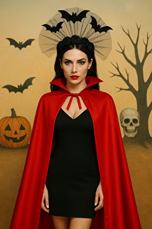 Cadılar Bayramı Kırmızı Pelerin & Yarasalı Siyah Güllü Taç Seti – Şeytani Vampir Kostüm