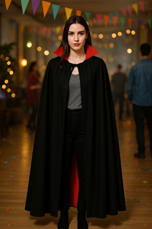 Cadılar Bayramı Halloween Kostüm Partisi Vampir Kan Emici Kont Drakula Kırmızı Yaka Pelerin 120 Cm