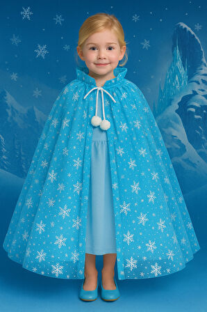 Frozen Elsa Tarzı 80 CM Mavi Kar Taneli Pelerin – Kız Çocuk Kostüm Temalı Parti Aksesuarı 5-9 Yaş