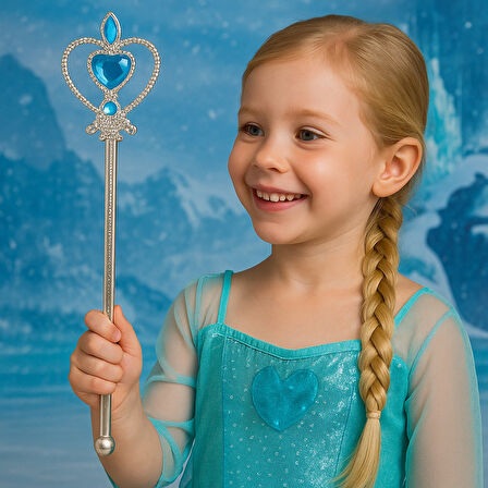 Frozen Elsa Temalı Mavi Kalp Taşlı Sihirli Asa Kız Çocuk Kostüm Aksesuarı - 31 CM
