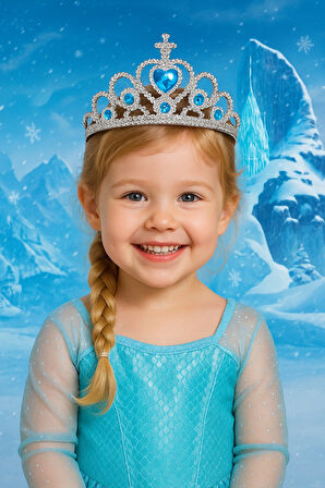 Frozen Elsa Tacı Mavi Kalpli Taşlı Prenses Kostüm Tacı Karlar Ülkesi Kız Çocuk Aksesuarı 