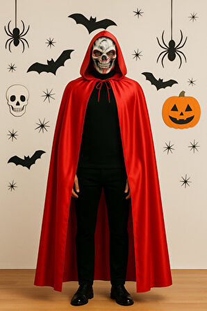 Kanlı İskelet Maske ve Kapüşonlu Kırmızı Pelerin Kostüm Seti – Yetişkin Halloween Kıyafeti - 120 CM