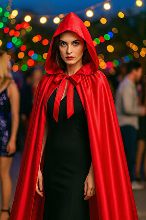 Kanlı İskelet Maske ve Kapüşonlu Kırmızı Pelerin Kostüm Seti – Yetişkin Halloween Kıyafeti - 120 CM