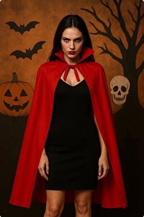 Yetişkin Kırmızı Yakalı 120 cm Vampir Pelerini ve Kanlı Kafatası Maskesi Seti – Halloween Kostüm