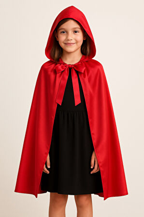 Kırmızı Başlıklı Kız Kostümü – Kırmızı Kapüşonlu 90 cm Pelerin (6-10 Yaş)