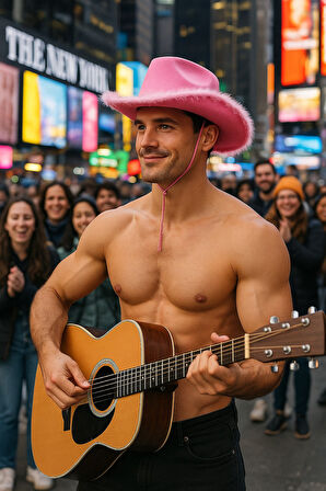 Pembe Tüylü Kovboy Şapkası Ayarlanabilir Pembe İpli Yetişkin Boy Parti Kostüm Aksesuarı