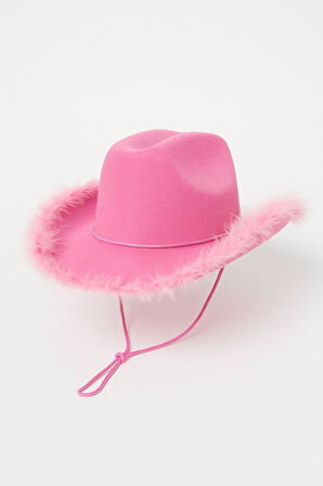 Pembe Tüylü Kovboy Şapkası Ayarlanabilir Pembe İpli Yetişkin Boy Parti Kostüm Aksesuarı