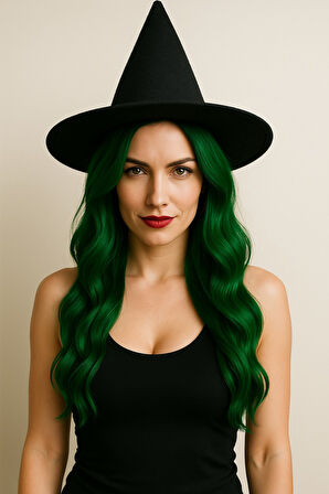 Doğal Yeşil Dalgalı Kadın Peruk ve Siyah Keçe Cadı Şapkası Kostüm Seti