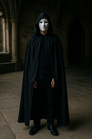 Beyaz Maske ve Siyah Kapüşonlu Pelerin Gizemli Kostüm Kombinasyonu Seti - 120 CM