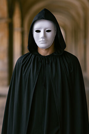 Beyaz Maske ve Siyah Kapüşonlu Pelerin Gizemli Kostüm Kombinasyonu Seti - 120 CM