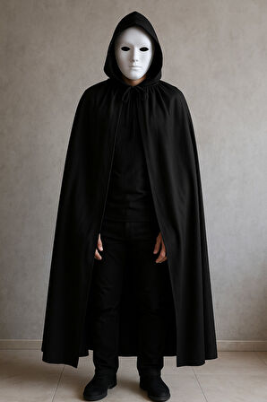 Beyaz Maske ve Siyah Kapüşonlu Pelerin Gizemli Kostüm Kombinasyonu Seti - 120 CM