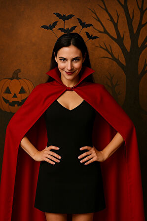 Cadılar Bayramı Kırmızı Yakalı Pelerin & Yarasalı Siyah Tüylü Taç Seti – Şeytani Vampir Kostüm Seti