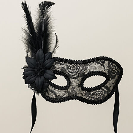 Dantel Temalı Tüllü Kuş Tüylü Çiçekli Maske Siyah Göz Maskesi Şık Parti Kostüm Aksesuarı