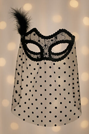 Siyah Tüllü Noktalı Tüylü Dantel Maske Parti Aksesuarı Kadın Gözlük Maskesi Şık Tasarım Ürün