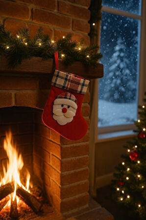 Yeni Yıl Temalı Kırmızı Keçe Noel Çorabı - Şömine Süsü ve Dekoratif Santa Hediye Çorabı