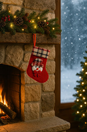 Kış Temalı Kar Adam Sevimli Süslemeli Kırmızı Yılbaşı Çorabı Şömine Asmalık Ev Dekoru Noel Hediyesi!
