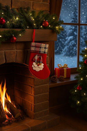Noel Baba Desenli Kırmızı Mini Keçe Çorap Şömine Yılbaşı Süsü Ev Dekoru Kar Temalı Aksesuar