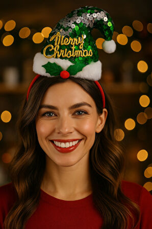 Parlak Yeşil Pullu Merry Christmas Yazılı Noel Şapkalı Kırmızı Taç Yeni Yıl Parti Aksesuarı