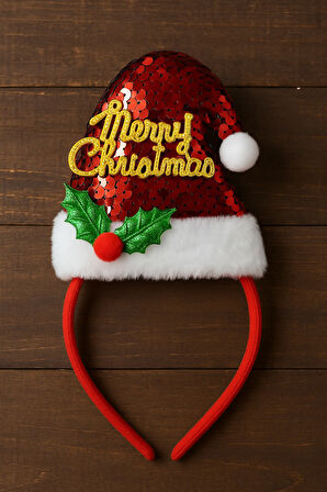 Yılbaşı Temalı Pul Şapkalı Kırmızı Taç Merry Christmas Yazılı Peluş Kenarlı Parti Aksesuarı