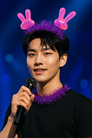 KPop Korean Style Yılbaşı Yeni Yıl Koyu Pembe Tavşan Kulaklı Mor Işıltılı Taç Parti Sahne Aksesuarı