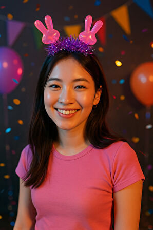 KPop Korean Style Yılbaşı Yeni Yıl Koyu Pembe Tavşan Kulaklı Mor Işıltılı Taç Parti Sahne Aksesuarı