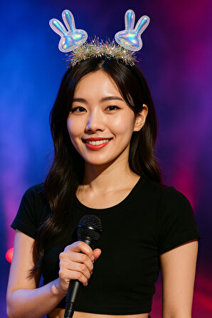 KPop Korean Style Yılbaşı Yeni Yıl Holografik Tavşan Kulaklı Taç Sahne Parti Aksesuarı Kadın Model