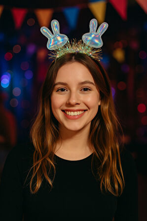 KPop Korean Style Yılbaşı Yeni Yıl Holografik Tavşan Kulaklı Taç Sahne Parti Aksesuarı Kadın Model