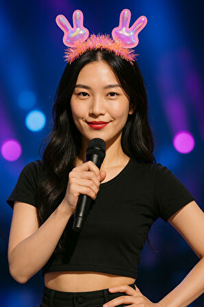 KPop Kore Style Yılbaşı Yeni Yıl Sahne Parıltılı Pembe Tavşan Kulaklı Taç Kadın Şarkıcı Aksesuarı